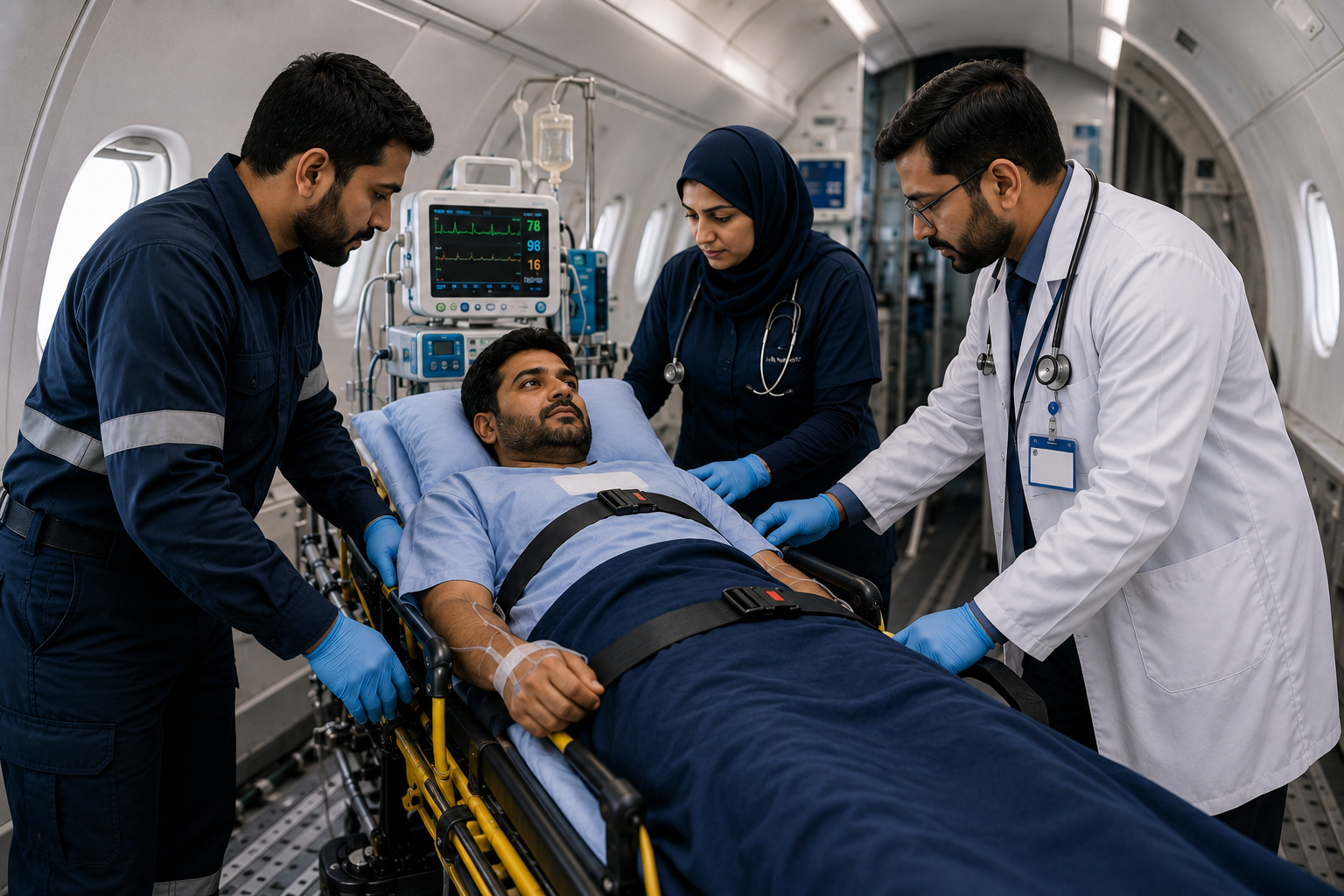 Patient being transferred into an air ambulance